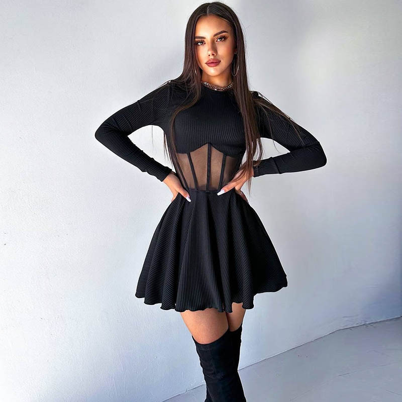 Women Half High Collar Long Sleeves h Fishbone Tight Waist Short Dress